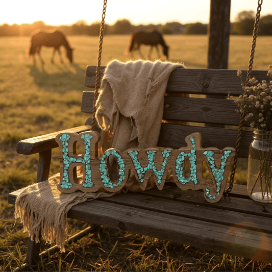Handcrafted Howdy Resin Turquoise Stones Sign Western Decor