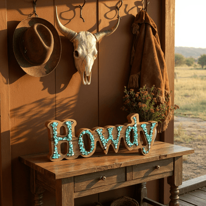Handcrafted Howdy Resin Turquoise Stones Sign - Nifty Decor & More