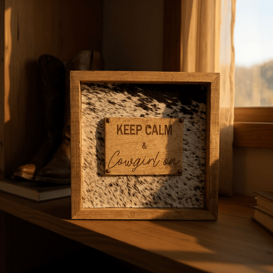 Handmade Keep Calm and Cowgirl On Wooden Sign with Cowhide Backing