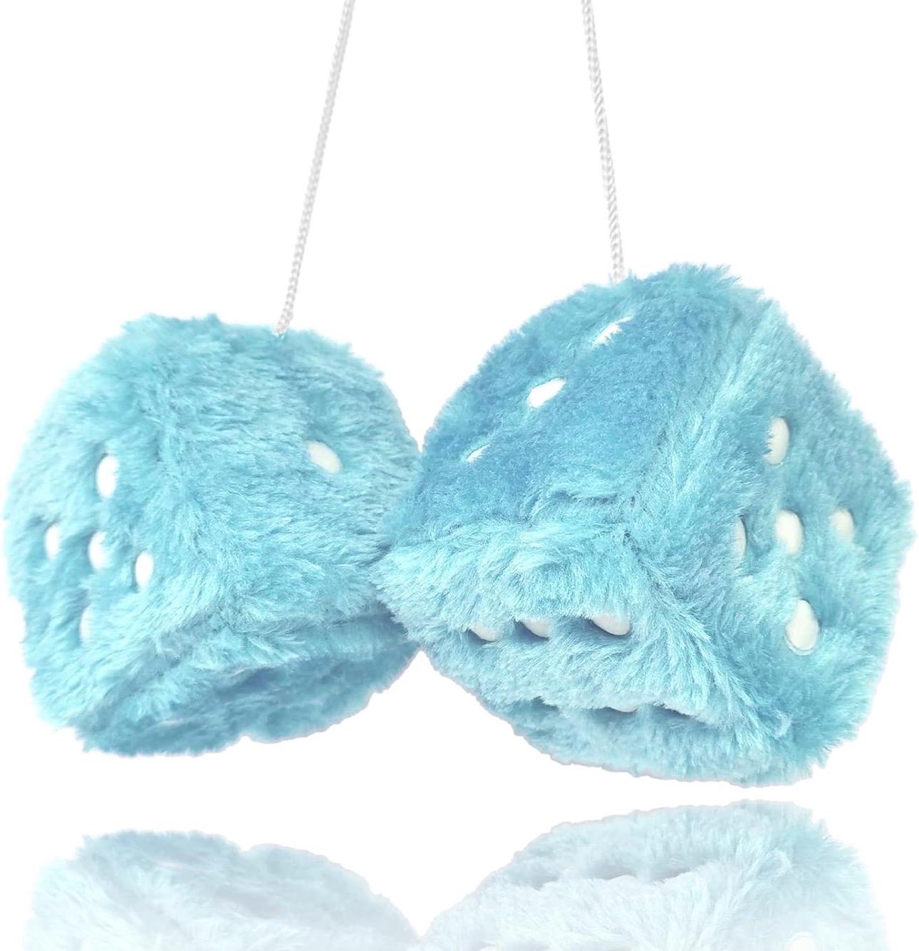 Blue fluffy dice-shaped objects on a white background