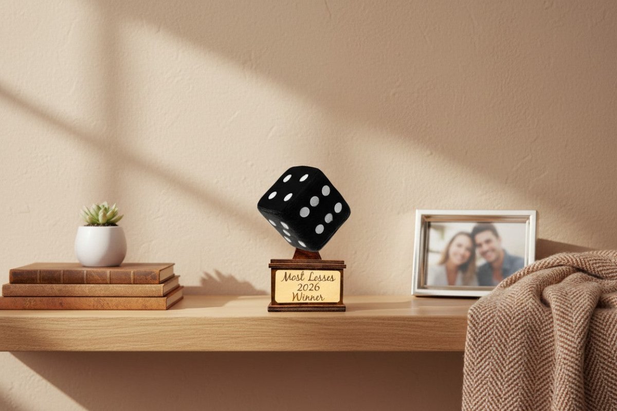 Handmade Yahtzee Tournament Trophy | Fuzzy Dice Award | Yahtzee Champion Gift | Dice Game Winner Trophy | Custom Engraved Party Prize - Nifty Decor & More