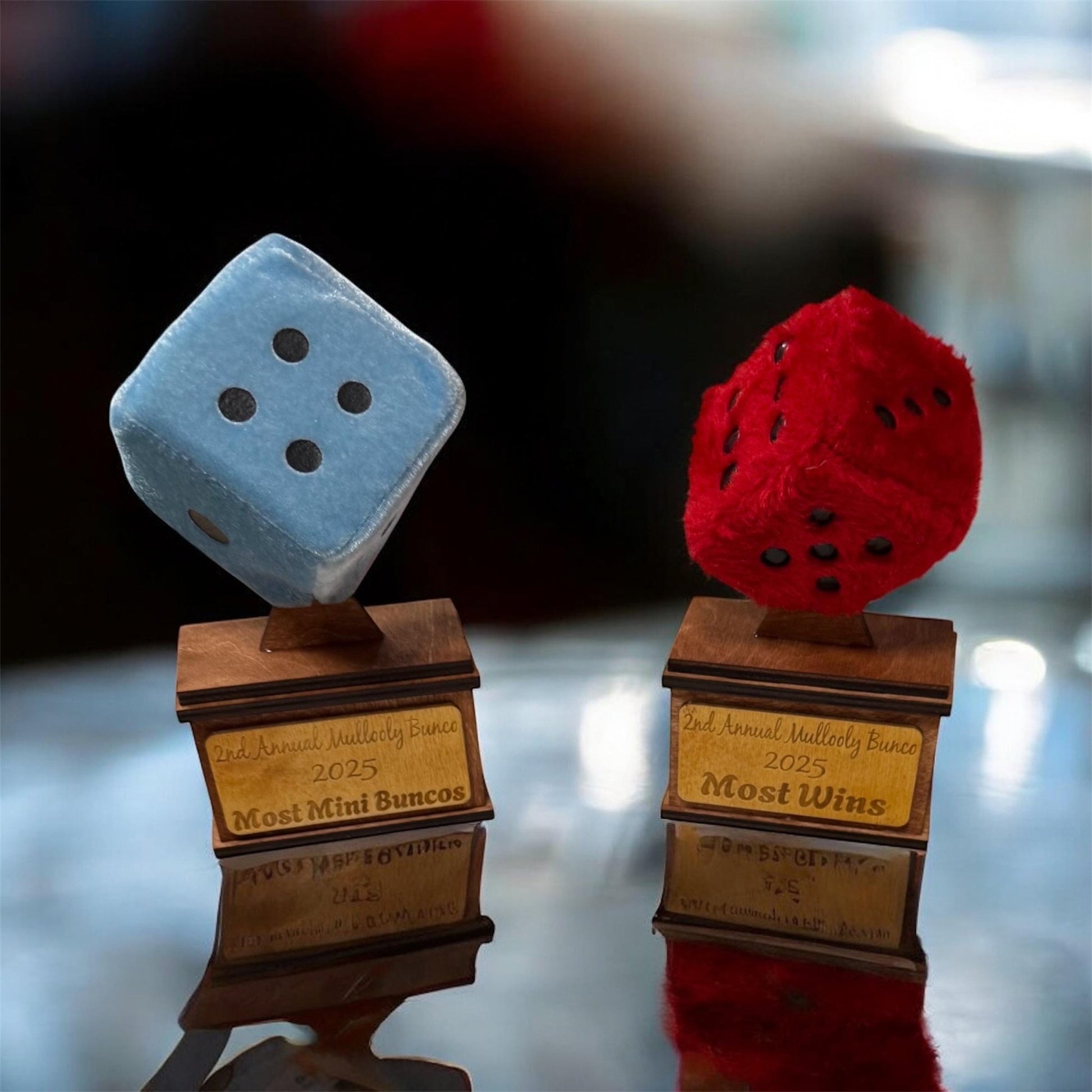 Handmade Yahtzee Tournament Trophy | Fuzzy Dice Award | Yahtzee Champion Gift | Dice Game Winner Trophy | Custom Engraved Party Prize - Nifty Decor & More