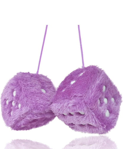 Two purple fuzzy dice with strings on a white background