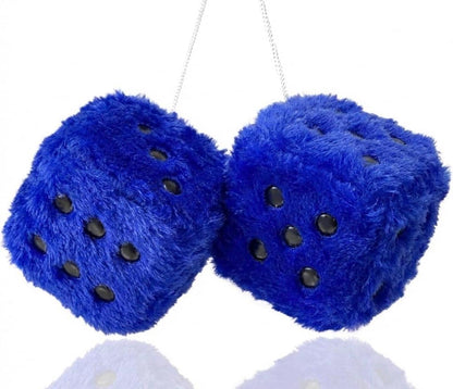 Two blue fuzzy dice with black dots on a white background
