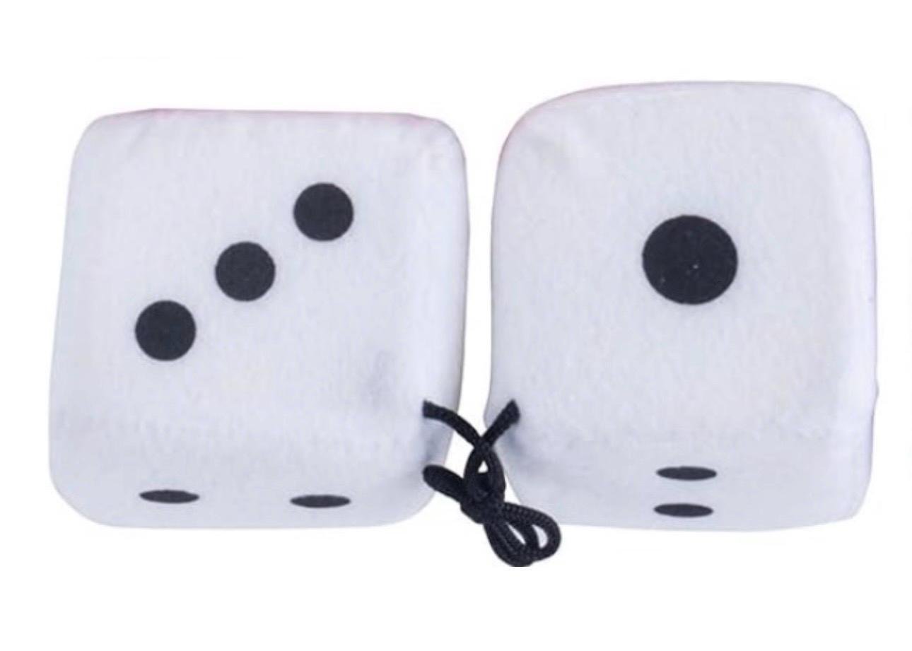 Two white dice with black dots on a white background