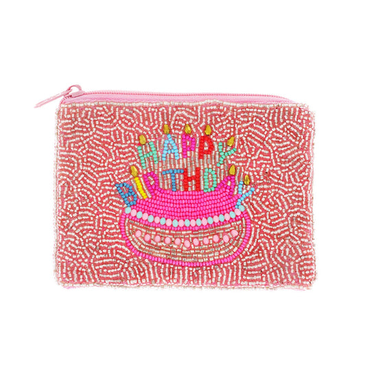 Happy Birthday Coin Bag, Pink Seed Bead Zipper Pouch for Birthday Gift, Cute Beaded Accessory coin purse