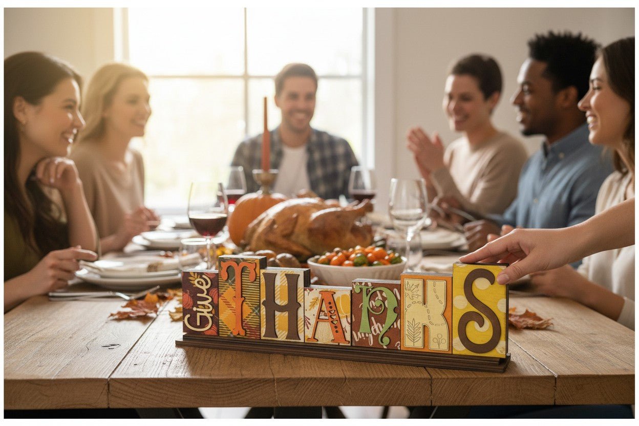 Harvest and Give Thanks Reversible Block Letters Fall Thanksgiving Wood Signs - Nifty Decor & More