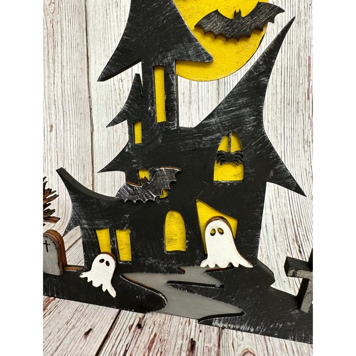 Haunted House Wooden Shelf Sitter - Spooky Halloween Tabletop Decor & Tiered Tray Accessory - Nifty Decor & More