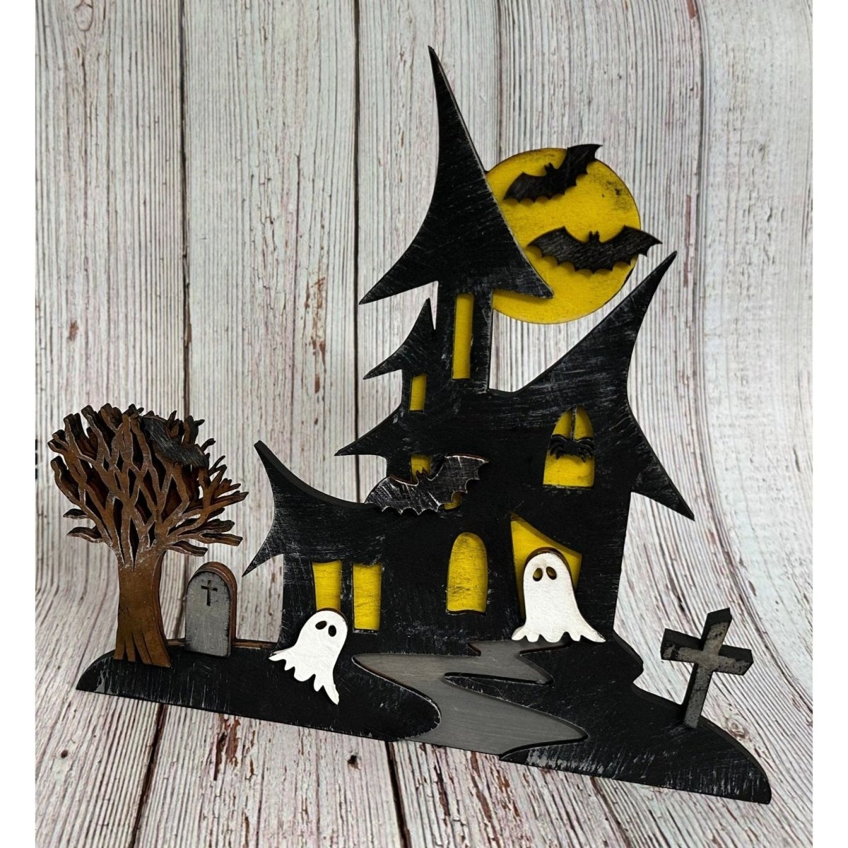 Haunted House Wooden Shelf Sitter - Spooky Halloween Tabletop Decor & Tiered Tray Accessory - Nifty Decor & More