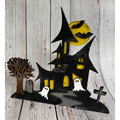 Haunted House Wooden Shelf Sitter - Spooky Halloween Tabletop Decor & Tiered Tray Accessory - Nifty Decor & More