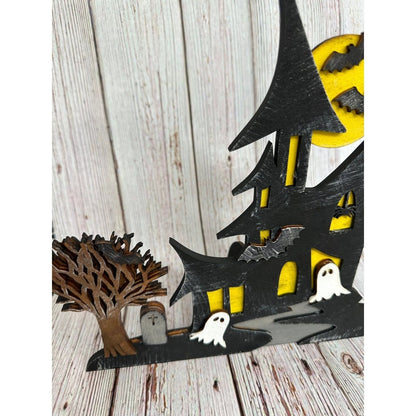 Haunted House Wooden Shelf Sitter - Spooky Halloween Tabletop Decor & Tiered Tray Accessory - Nifty Decor & More