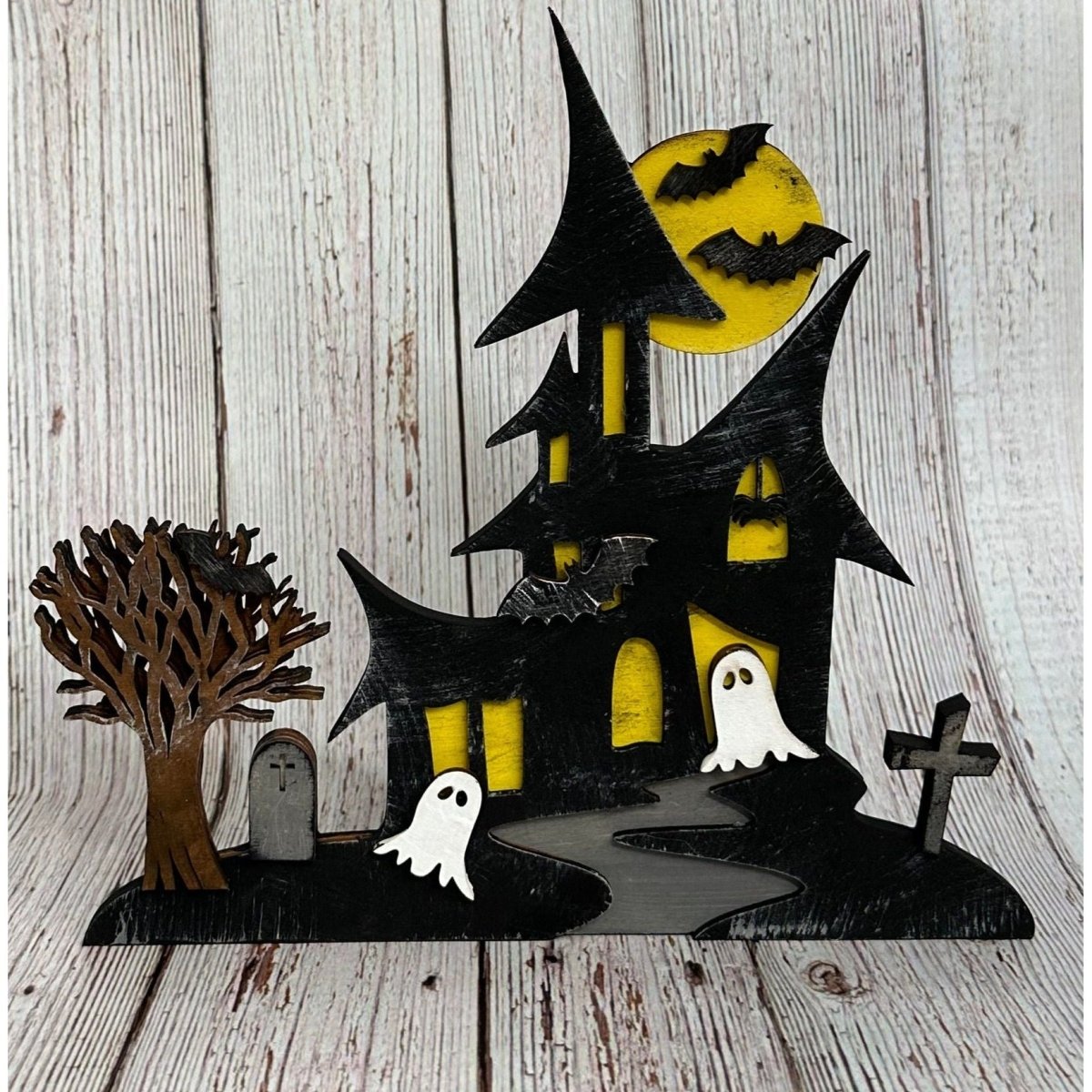 Haunted House Wooden Shelf Sitter - Spooky Halloween Tabletop Decor & Tiered Tray Accessory - Nifty Decor & More