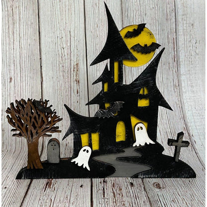 Haunted House Wooden Shelf Sitter - Spooky Halloween Tabletop Decor & Tiered Tray Accessory - Nifty Decor & More