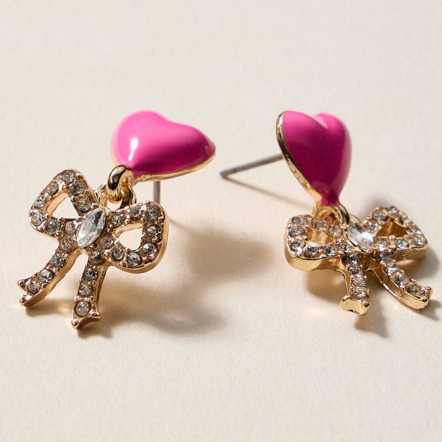 Heart & Bow Rhinestone Stud Earrings – Cute Valentine Drop Earrings - Nifty Decor & More