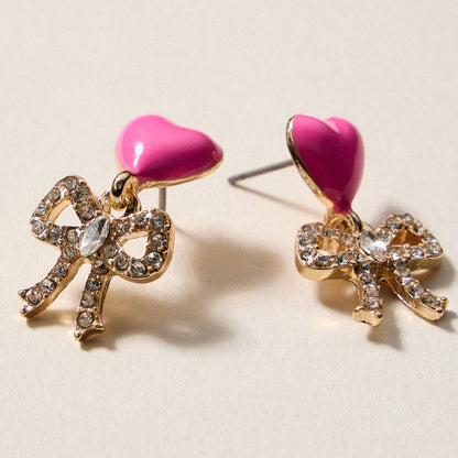 Heart & Bow Rhinestone Stud Earrings – Cute Valentine Drop Earrings - Nifty Decor & More