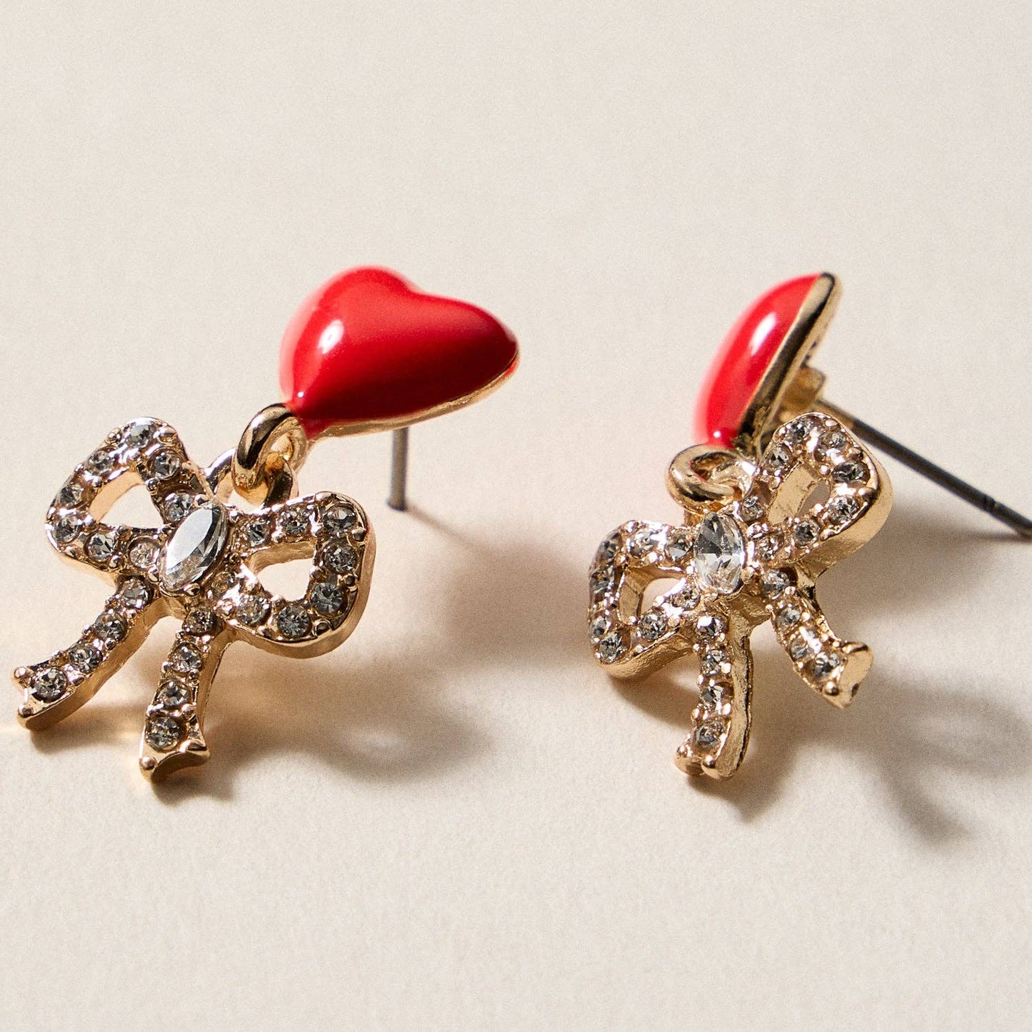Heart & Bow Rhinestone Stud Earrings – Cute Valentine Drop Earrings - Nifty Decor & More