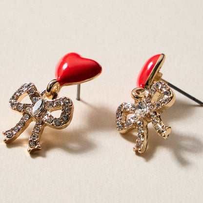 Heart & Bow Rhinestone Stud Earrings – Cute Valentine Drop Earrings - Nifty Decor & More