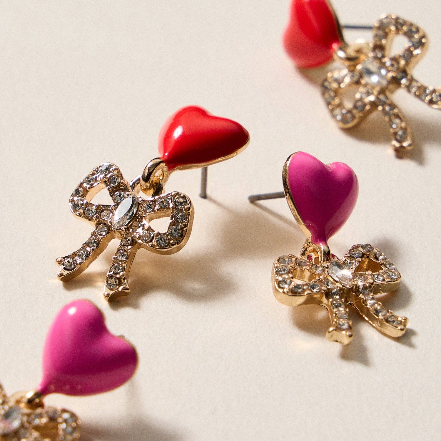 Heart & Bow Rhinestone Stud Earrings – Cute Valentine Drop Earrings - Nifty Decor & More