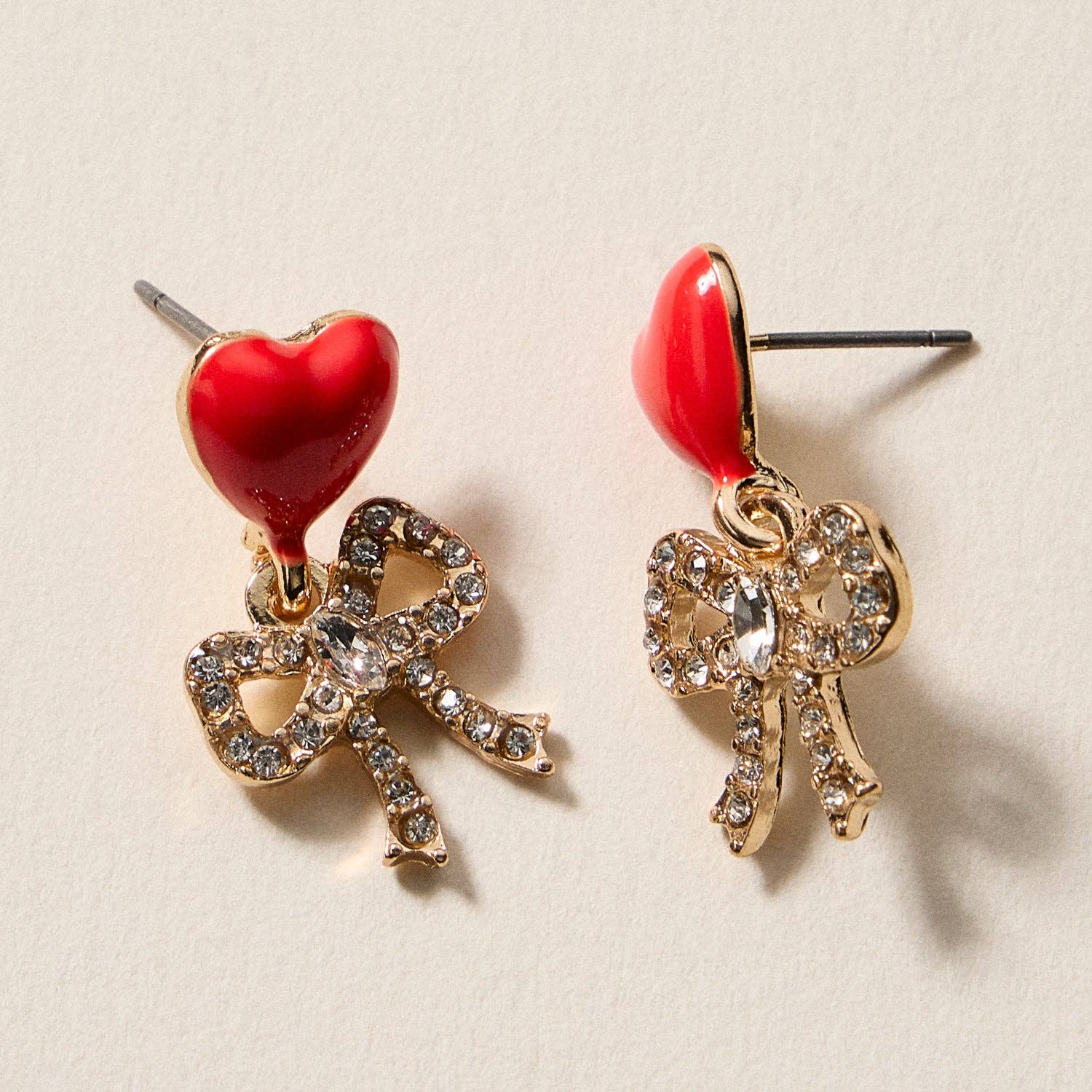 Heart & Bow Rhinestone Stud Earrings – Cute Valentine Drop Earrings - Nifty Decor & More