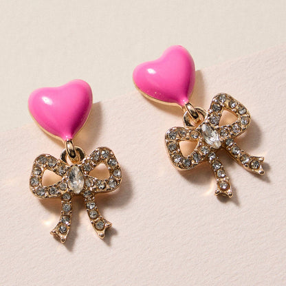Heart & Bow Rhinestone Stud Earrings – Cute Valentine Drop Earrings - Nifty Decor & More