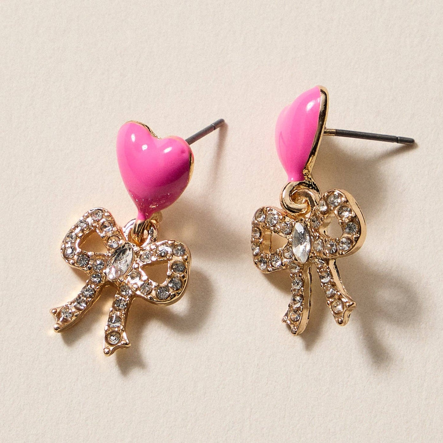 Heart & Bow Rhinestone Stud Earrings – Cute Valentine Drop Earrings - Nifty Decor & More