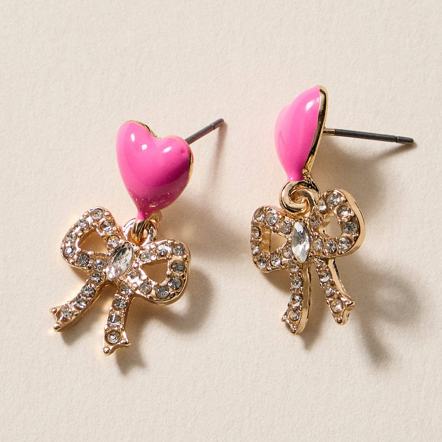 Heart & Bow Rhinestone Stud Earrings – Cute Valentine Drop Earrings - Nifty Decor & More