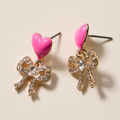 Heart & Bow Rhinestone Stud Earrings – Cute Valentine Drop Earrings - Nifty Decor & More
