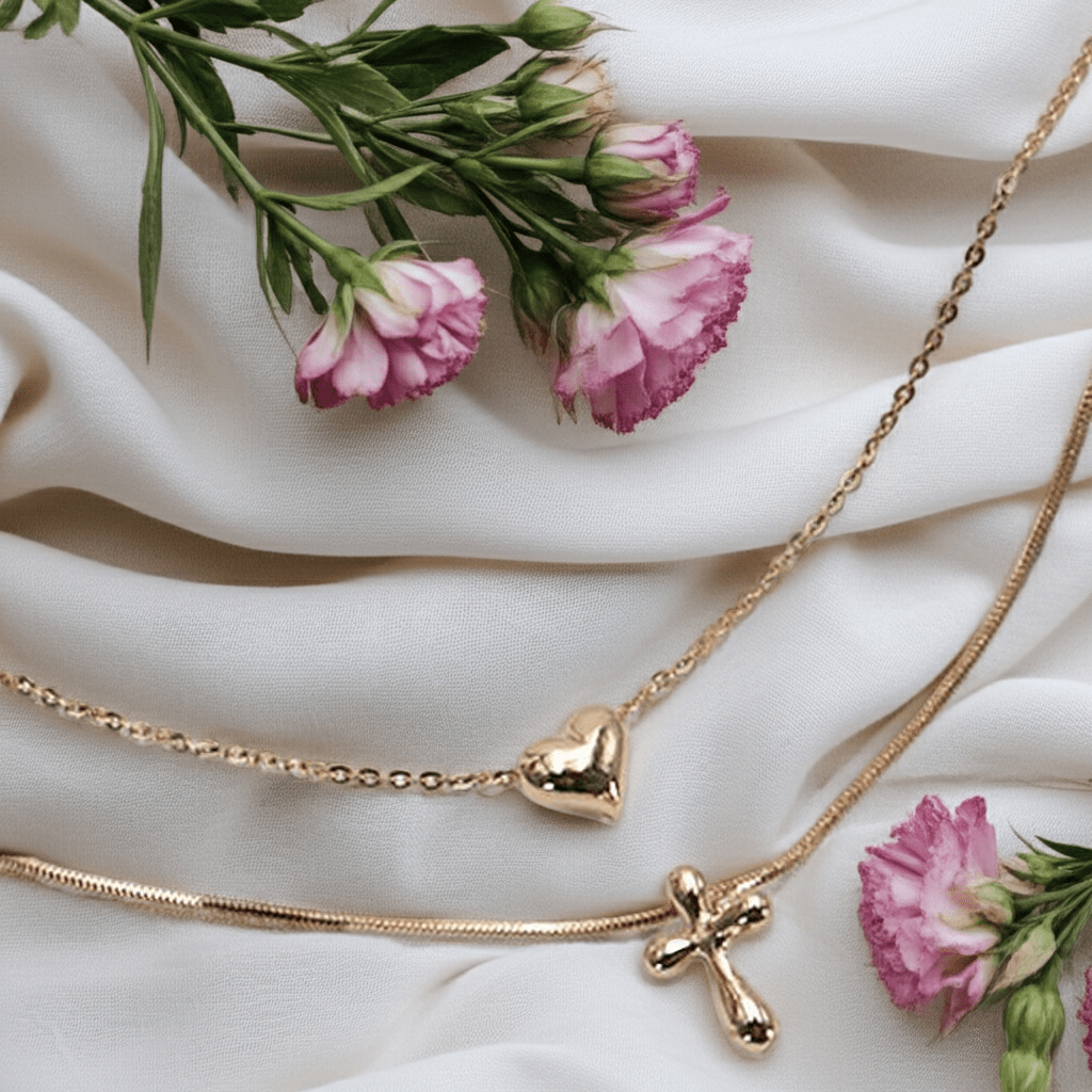 Heart Cross Chain Necklace Double Layer Layered Pendant - Nifty Decor & More