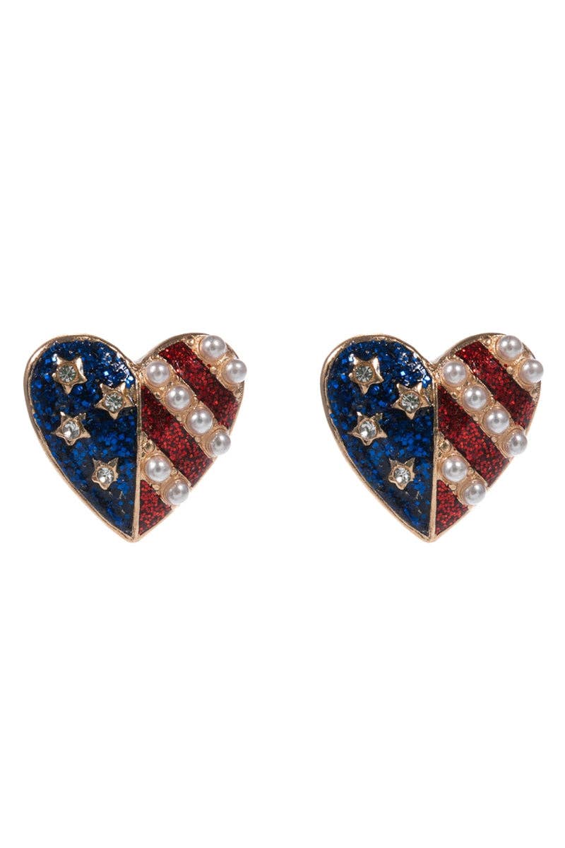 Heart-shaped earrings with American flag design on a white background