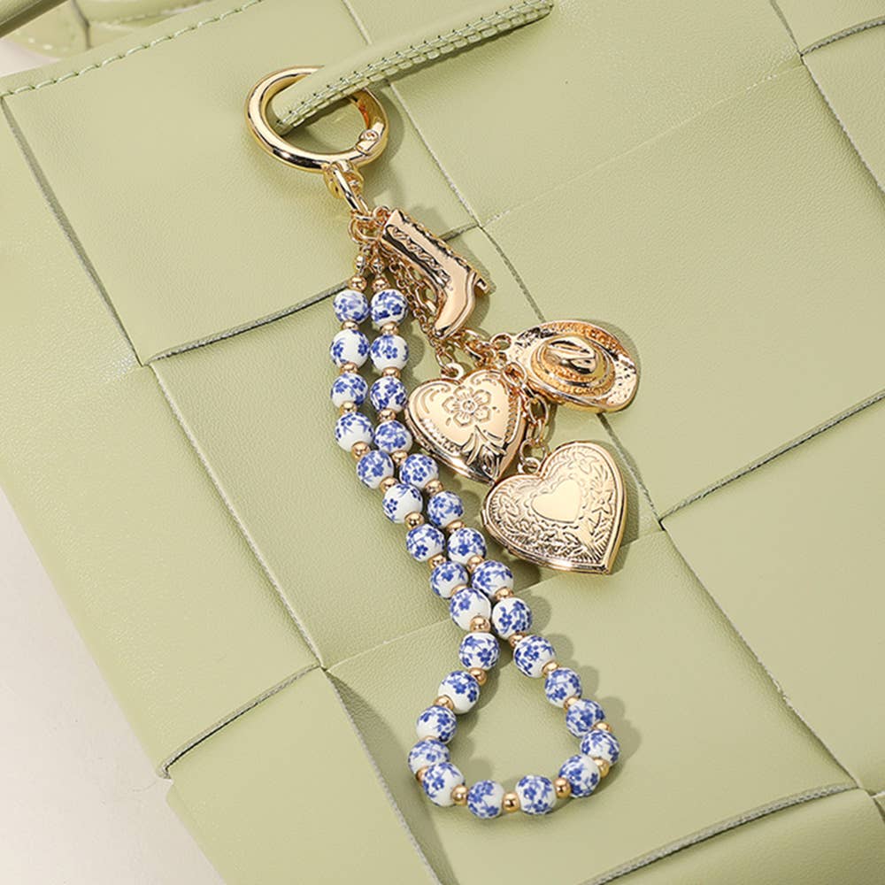 Heart Locket Pearl Wristlet Keychain Charm, Adorable Bow, Cherry & Cowboy Hat Designs, Chic Bag Bling Gift for Her - Nifty Decor & More