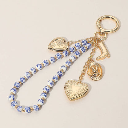 Heart Locket Pearl Wristlet Keychain Charm, Adorable Bow, Cherry & Cowboy Hat Designs, Chic Bag Bling Gift for Her Keychains Blue