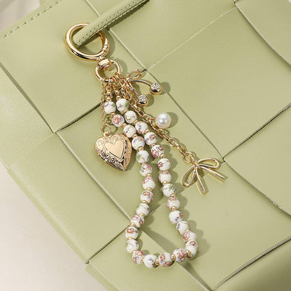 Heart Locket Pearl Wristlet Keychain Charm, Adorable Bow, Cherry & Cowboy Hat Designs, Chic Bag Bling Gift for Her Keychains