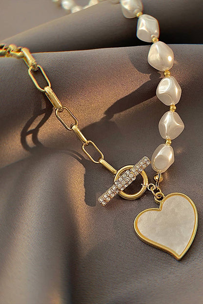 Heart Pendant Rhinestone Pearl Chain Necklace, Sparkling Elegant Jewelry for Date Nights, Perfect Romantic Gift Charm with necklace
