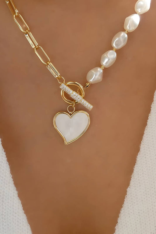 Heart Pendant Rhinestone Pearl Chain Necklace, Sparkling Elegant Jewelry for Date Nights, Perfect Romantic Gift - Nifty Decor & More