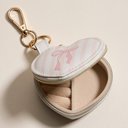 Heart - Shaped Jewelry Travel Case with Keychain – Pink Bow Stripe Design - Nifty Decor & More