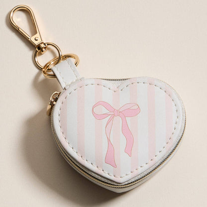 Heart-Shaped Jewelry Travel Case with Keychain – Pink Bow Stripe Design Jewelry Box
