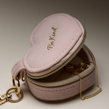 Heart-Shaped Jewelry Travel Case with Keychain – Pink Velvet “Be Kind”
