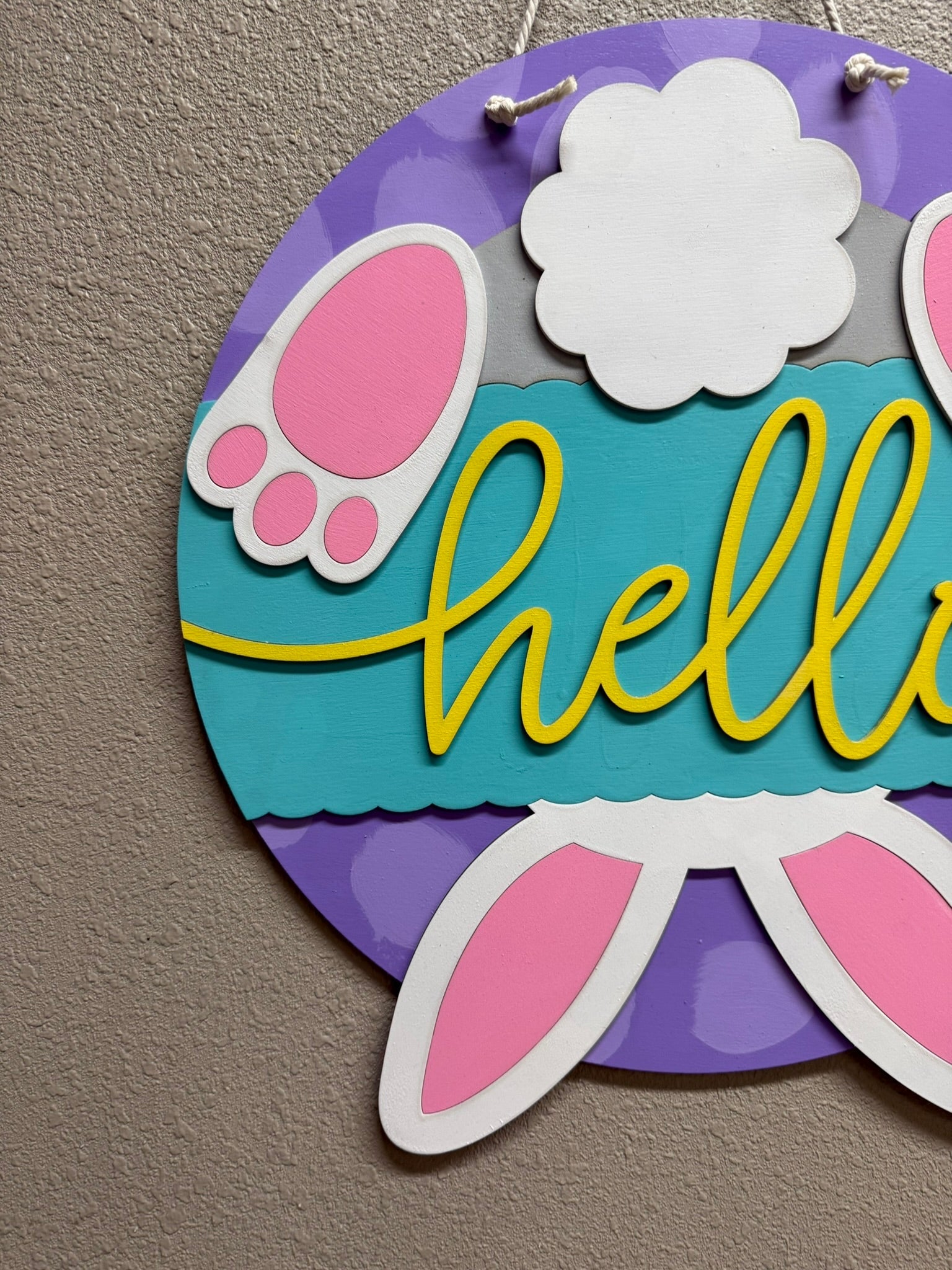 Hello Bunny Tail Hanger | Colorful Easter Decor & Spring Wall Art | Cute Bunny Decoration for Kids Room | Adorable Easter Gift