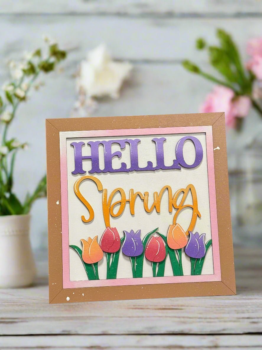 Hello Spring Sign, Spring Floral Wall Decor, Colorful Tulip Shelf Sitter, Farmhouse Spring Decor, Seasonal Spring Home Decor - Nifty Decor & More