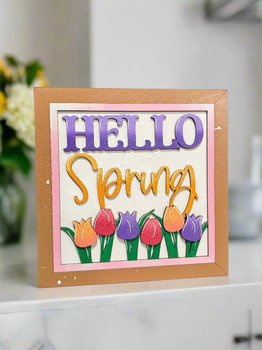 Hello Spring Sign, Spring Floral Wall Decor, Colorful Tulip Shelf Sitter, Farmhouse Spring Decor, Seasonal Spring Home Decor - Nifty Decor & More