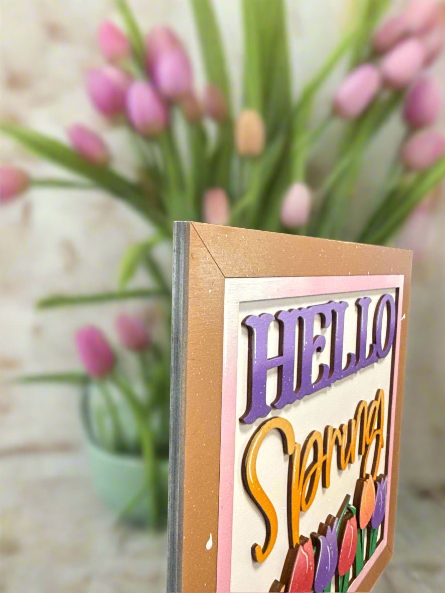 Hello Spring Sign, Spring Floral Wall Decor, Colorful Tulip Shelf Sitter, Farmhouse Spring Decor, Seasonal Spring Home Decor - Nifty Decor & More