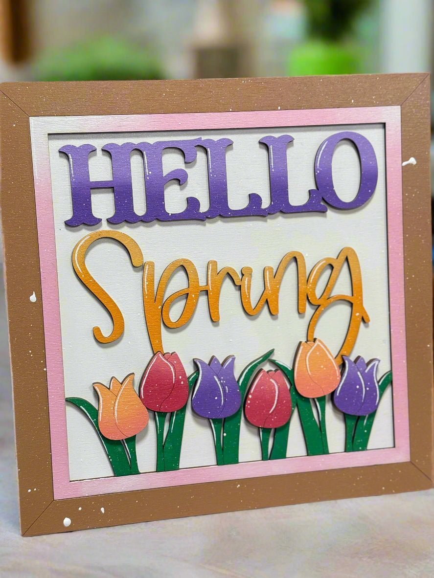 Hello Spring Sign, Spring Floral Wall Decor, Colorful Tulip Shelf Sitter, Farmhouse Spring Decor, Seasonal Spring Home Decor - Nifty Decor & More