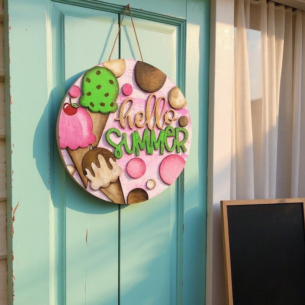Hello Summer Ice Cream Wall Signs, Colorful Sweet Summer Treat Decor, Perfect Bright Kitchen & Party Gift - Nifty Decor & More