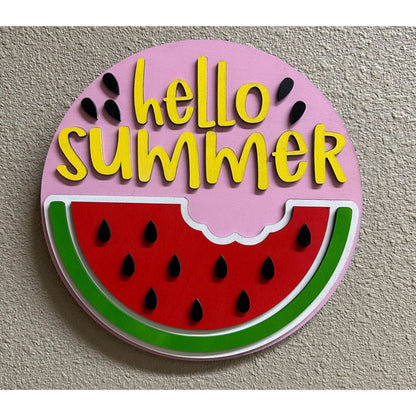 Hello Summer Watermelon Door Hanger – 11.5" 3D Wood Summer Welcome Sign - Nifty Decor & More