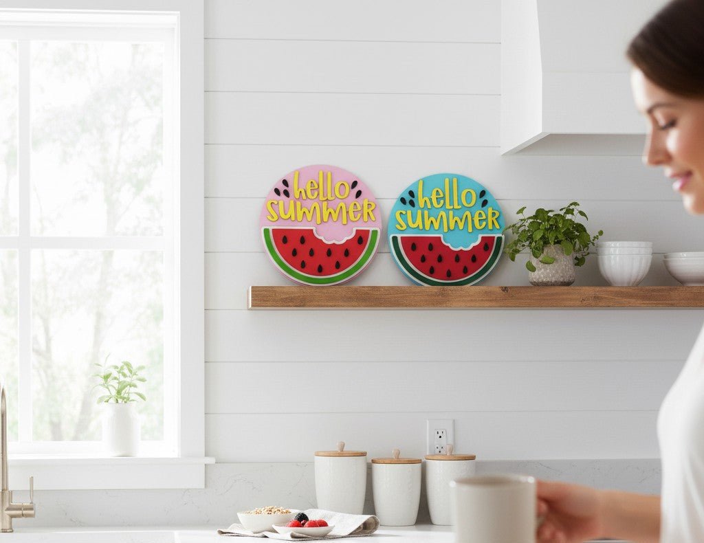Hello Summer Watermelon Door Hanger – 11.5" 3D Wood Summer Welcome Sign - Nifty Decor & More