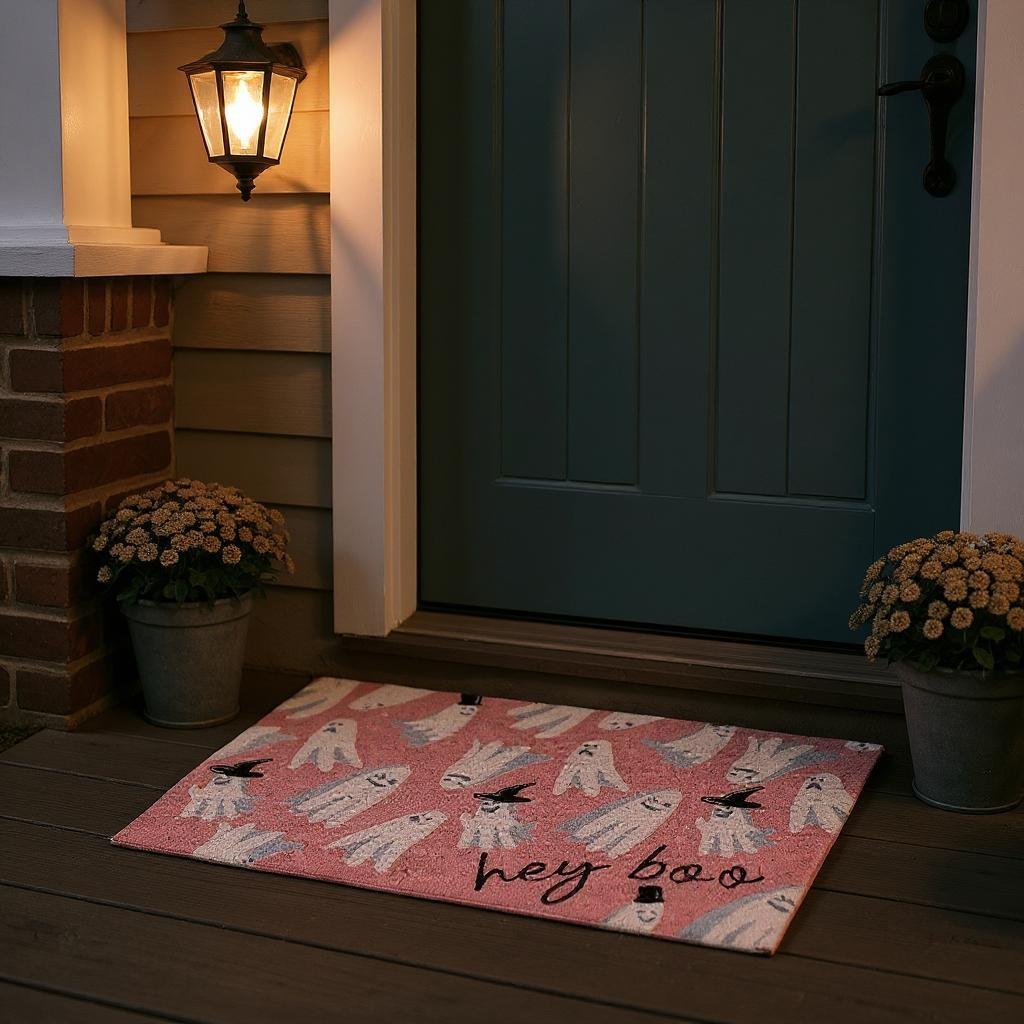 Hey Boo Ghost Coir Doormat, Light Pink Black White Welcome Mat, Perfect Halloween Porch Decor, Fun Seasonal Home & Fall Gift - Nifty Decor & More