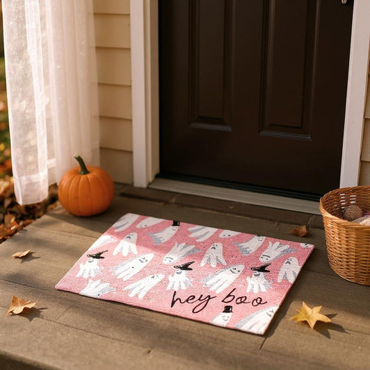 Hey Boo Ghost Coir Doormat, Light Pink Black White Welcome Mat, Perfect Halloween Porch Decor, Fun Seasonal Home & Fall Gift - Nifty Decor & More