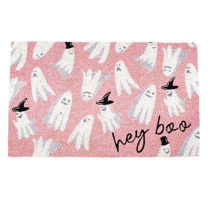 Hey Boo Ghost Coir Doormat, Light Pink Black White Welcome Mat, Perfect Halloween Porch Decor, Fun Seasonal Home & Fall Gift - Nifty Decor & More