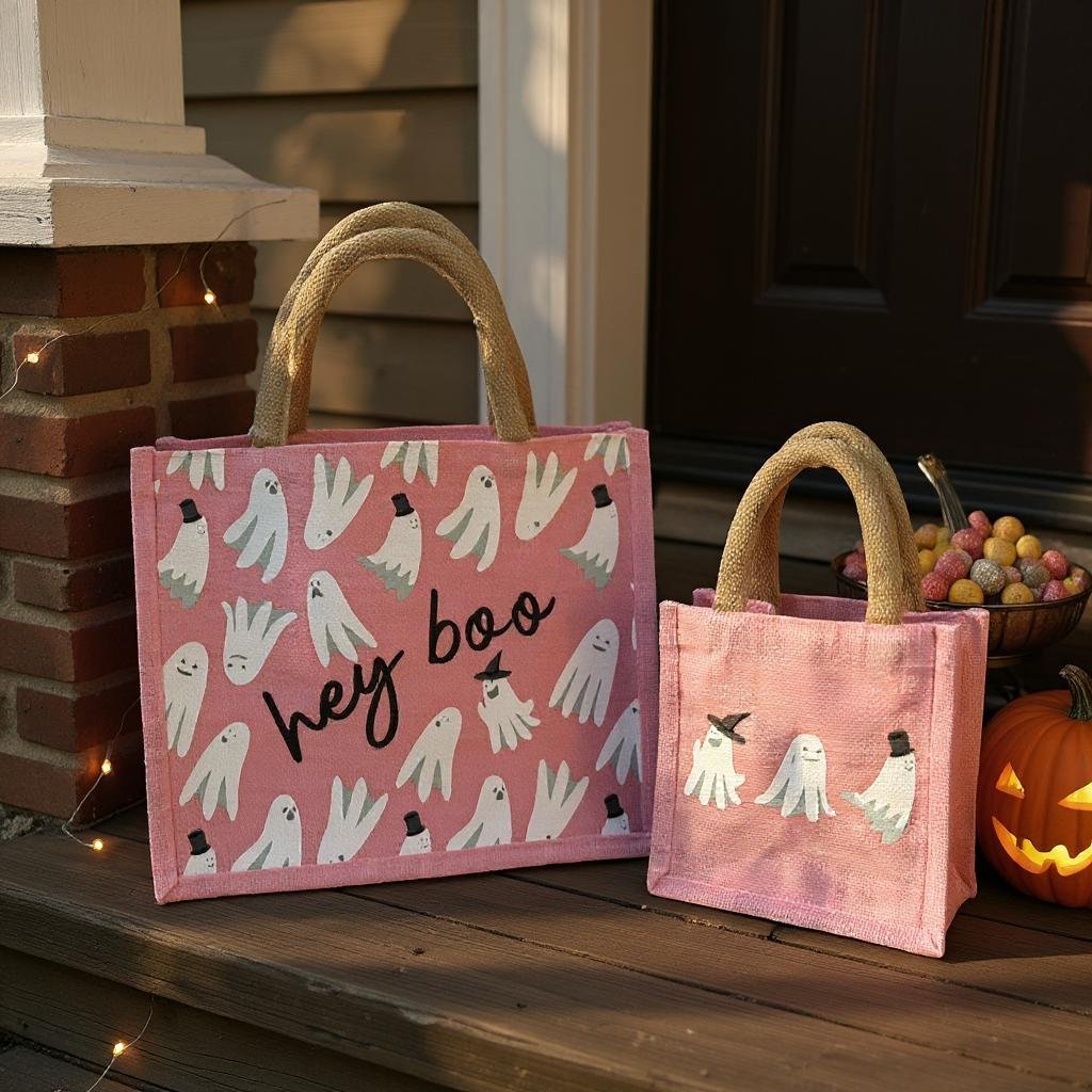 Hey Boo Gift Tote, Light Pink & White Cute Reusable Tote Bag for Gifting, Perfect Halloween Gift for Boo - Lovers - Nifty Decor & More