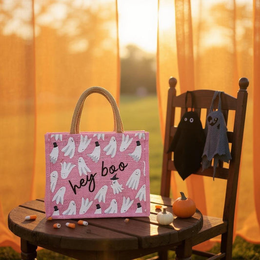 Hey Boo Gift Tote, Light Pink & White Cute Reusable Tote Bag for Gifting, Perfect Halloween Gift for Boo - Lovers - Nifty Decor & More